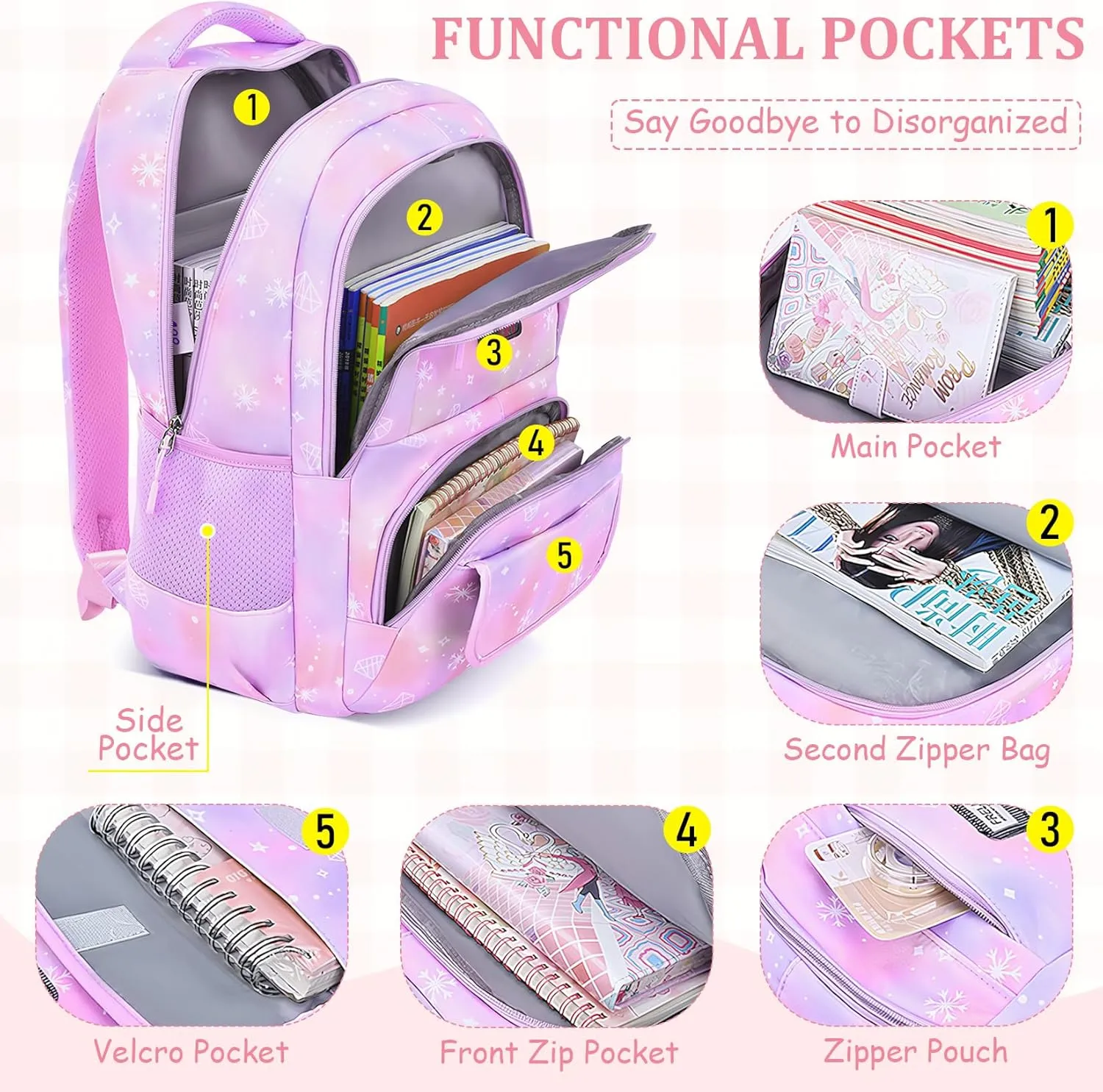 School Backpack for Girls - 5PCS Girls Backpack with Lunch Box Set for Elementary, Middle and High School Students - Lightweight 18" Bookbag for Travel and Daily Use