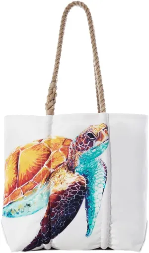 Sea Bags Recycled Sail Cloth Multicolor Sea Turtle Medium Tote Travel Tote Bag, Carry On Bag, Tote Bag for Work Rope Handles