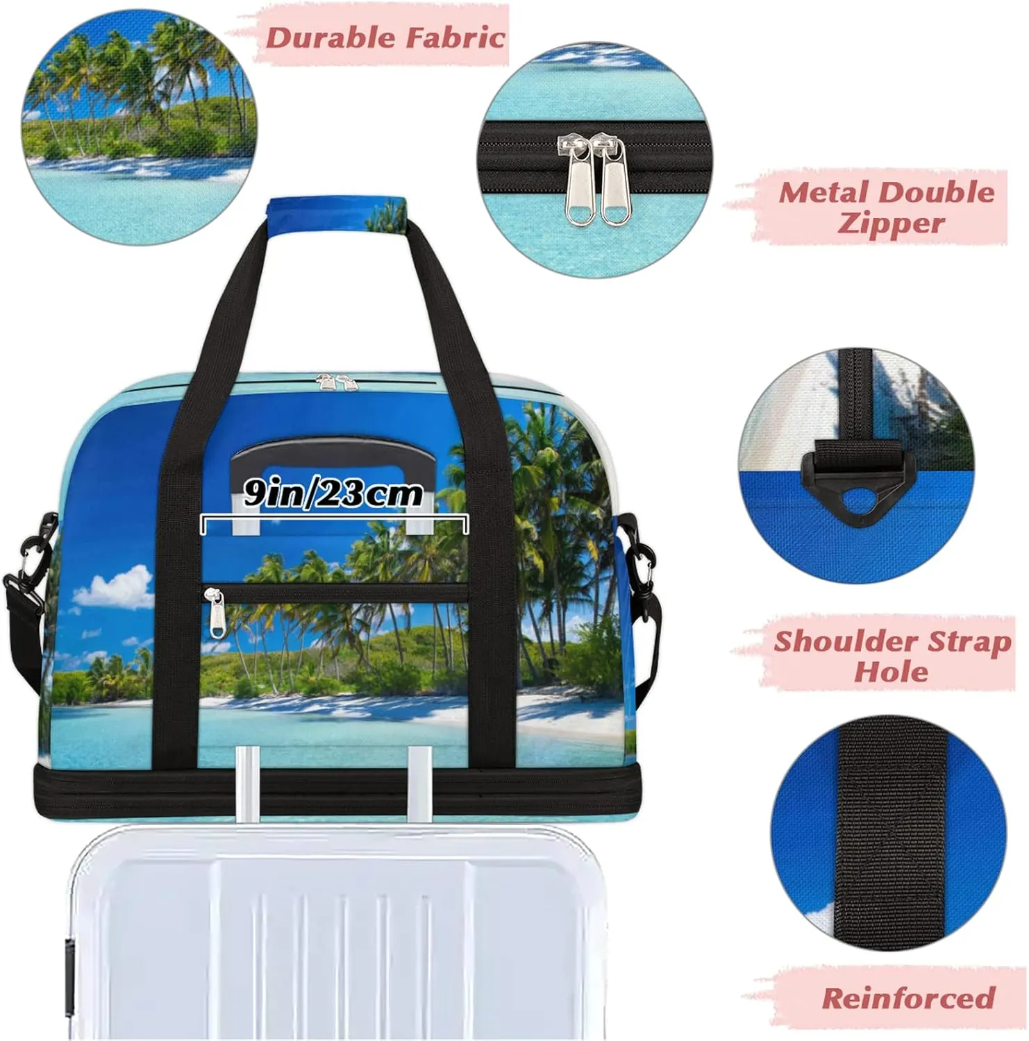Sea Beach Palm Tree Foldable Travel Duffel Bag Tote Carry on Luggage Sport Duffle for Women Men Gym Bag Overnight Weekender Bags with Shoe Compartments and Shoulder Strap
