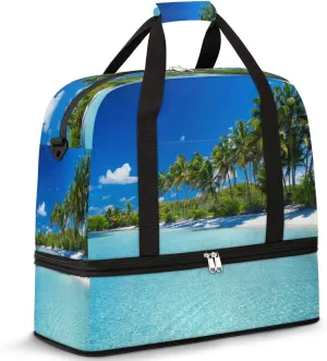 Sea Beach Palm Tree Foldable Travel Duffel Bag Tote Carry on Luggage Sport Duffle for Women Men Gym Bag Overnight Weekender Bags with Shoe Compartments and Shoulder Strap
