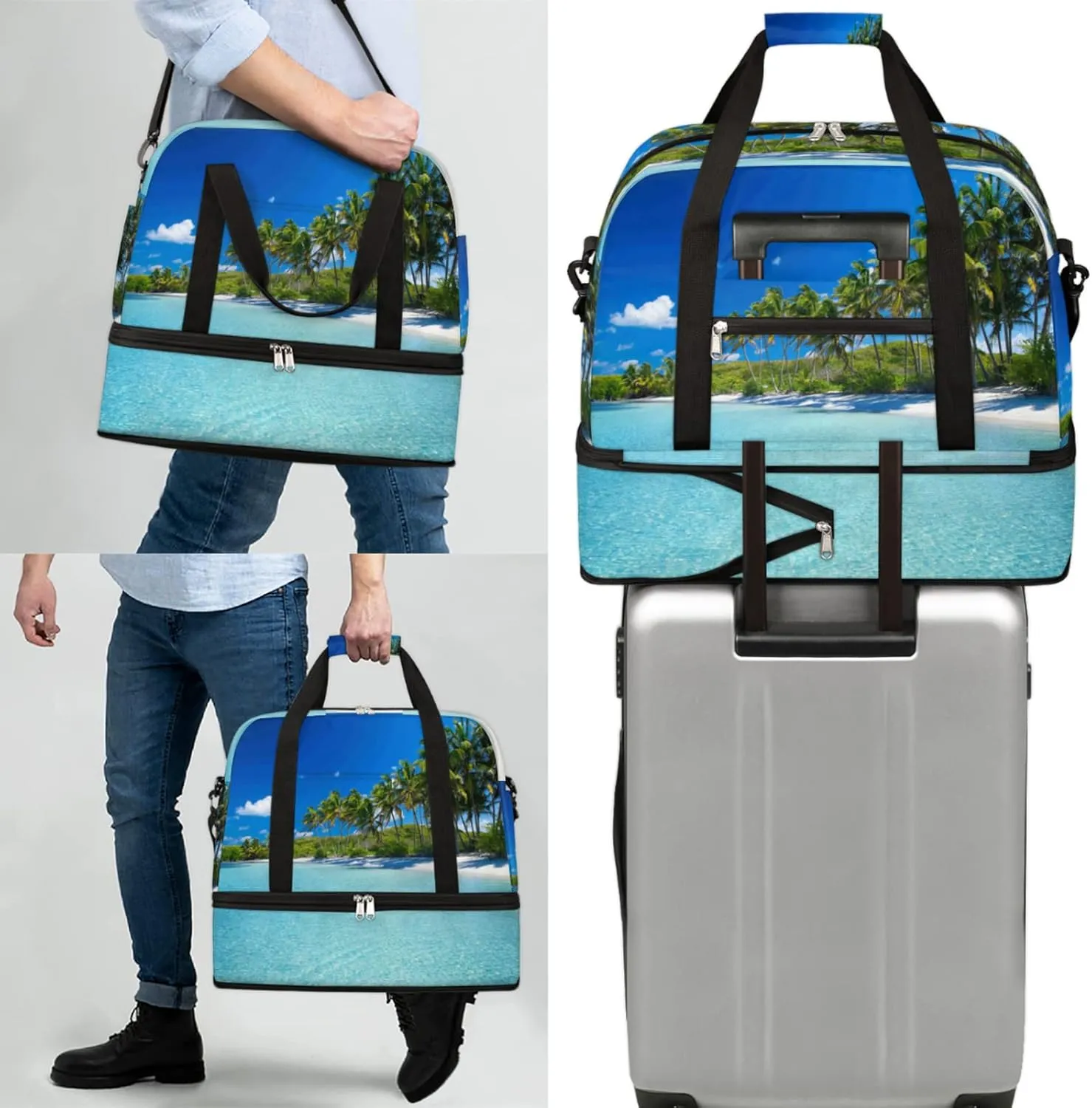 Sea Beach Palm Tree Foldable Travel Duffel Bag Tote Carry on Luggage Sport Duffle for Women Men Gym Bag Overnight Weekender Bags with Shoe Compartments and Shoulder Strap