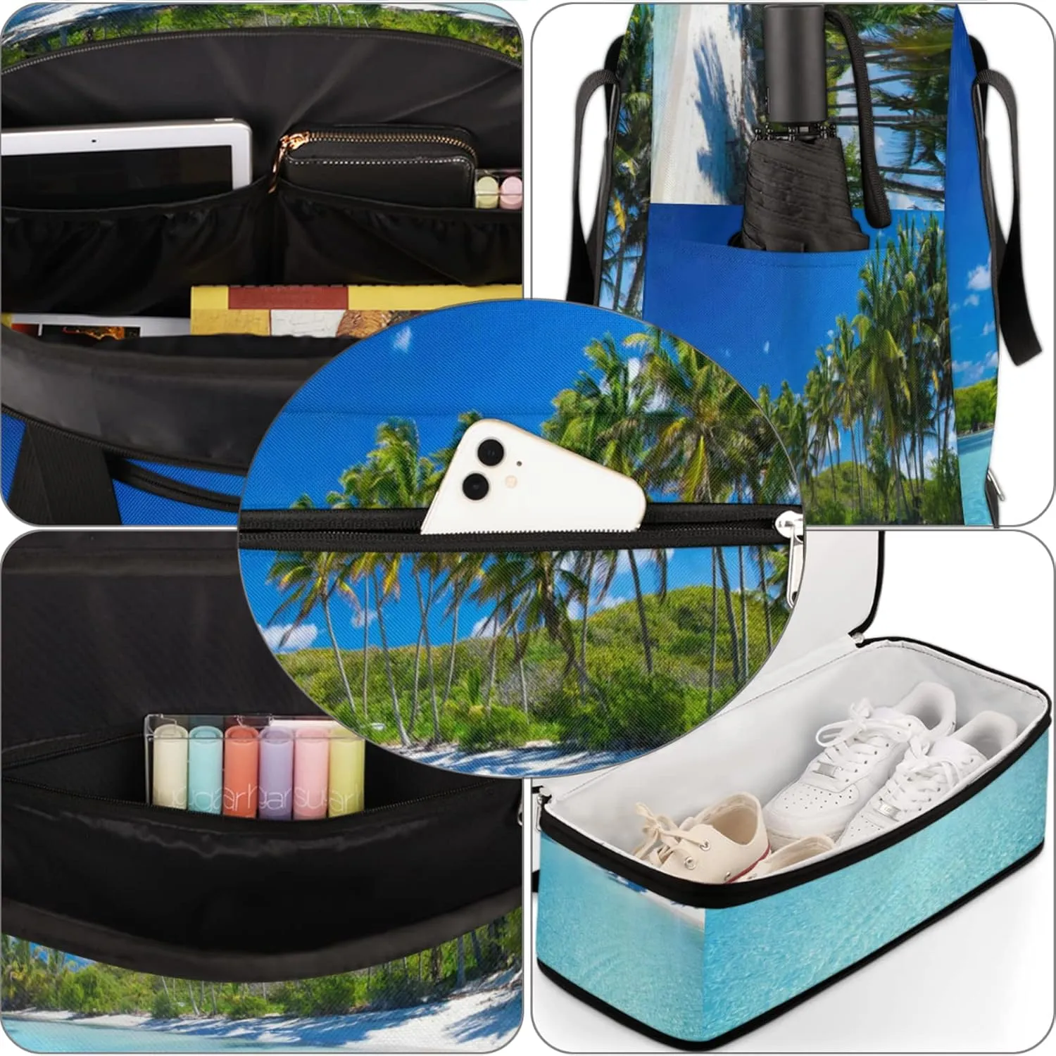 Sea Beach Palm Tree Foldable Travel Duffel Bag Tote Carry on Luggage Sport Duffle for Women Men Gym Bag Overnight Weekender Bags with Shoe Compartments and Shoulder Strap