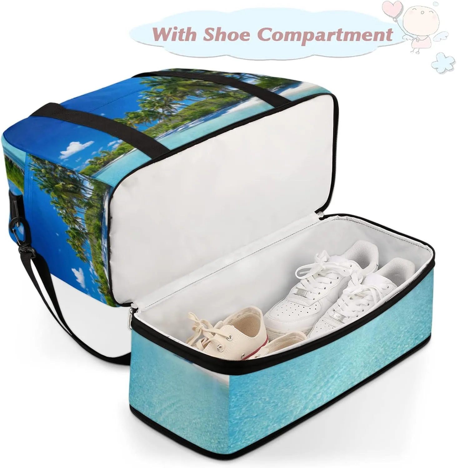 Sea Beach Palm Tree Foldable Travel Duffel Bag Tote Carry on Luggage Sport Duffle for Women Men Gym Bag Overnight Weekender Bags with Shoe Compartments and Shoulder Strap