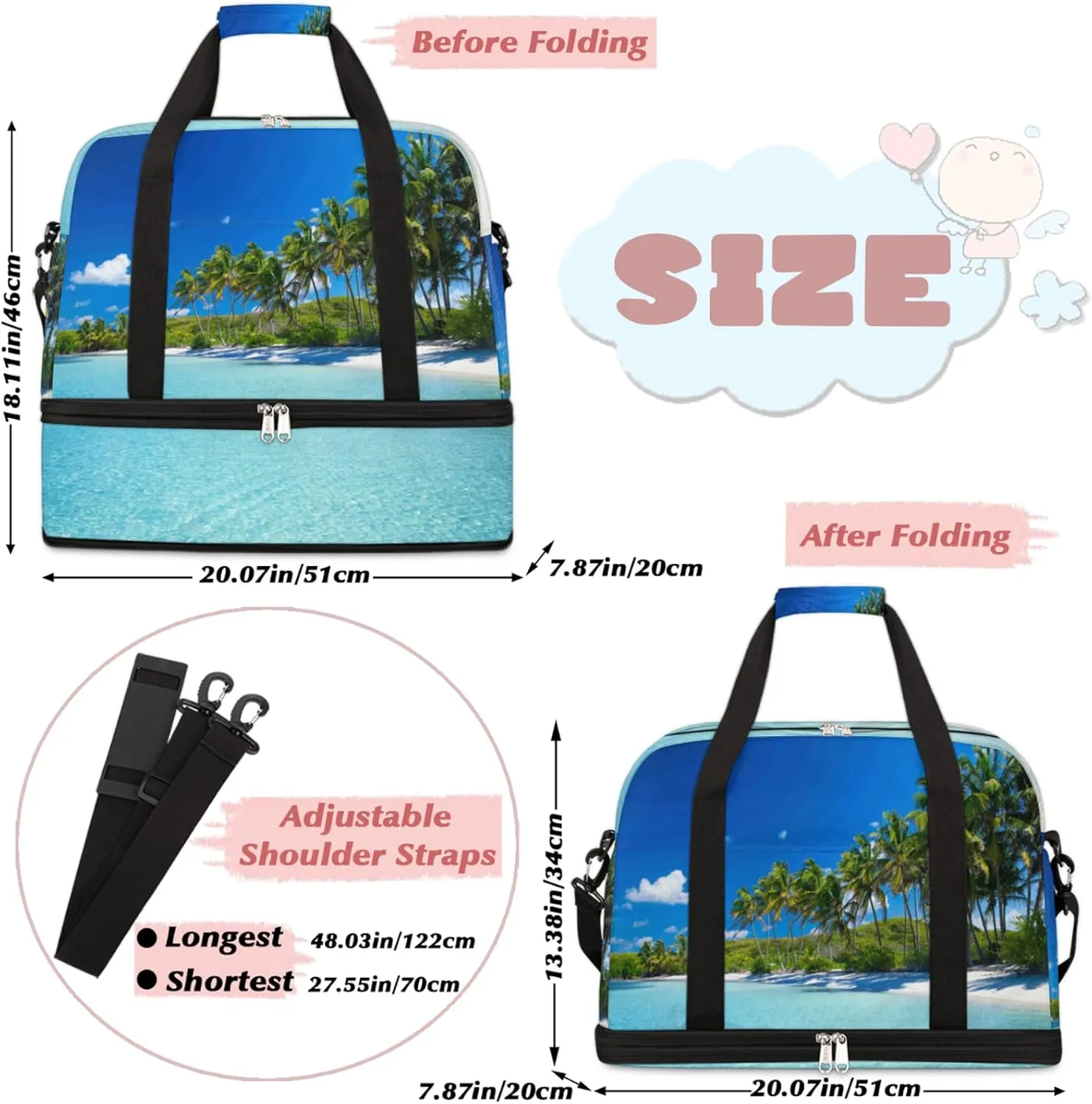 Sea Beach Palm Tree Foldable Travel Duffel Bag Tote Carry on Luggage Sport Duffle for Women Men Gym Bag Overnight Weekender Bags with Shoe Compartments and Shoulder Strap
