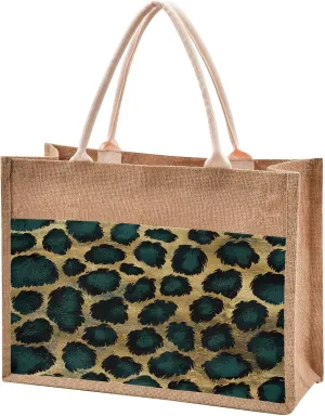 senya Canvas Tote Bag Women Beach Bag Burlap Beach Totes Grocery Shopping Travel Swim Gym Bags 16.9x12.6in Green Gold Black Leopard Print Pattern