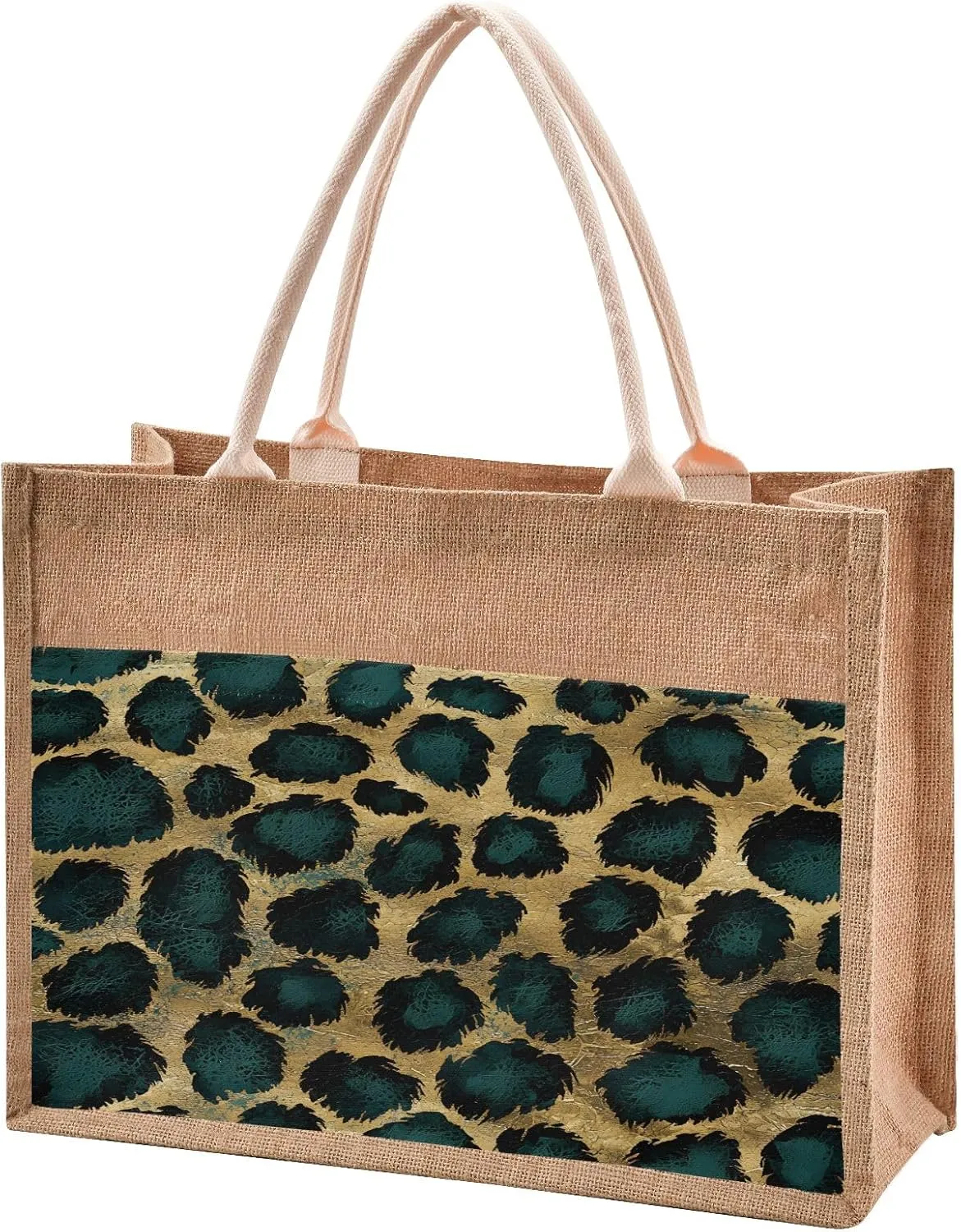 senya Canvas Tote Bag Women Beach Bag Burlap Beach Totes Grocery Shopping Travel Swim Gym Bags 16.9x12.6in Green Gold Black Leopard Print Pattern