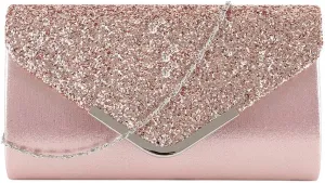 Sequins Flap Evening Purse Envelope Shaped Clutch Purse Chain Crossbody Shoulder Bag for Wedding Party Prom Ball Pink