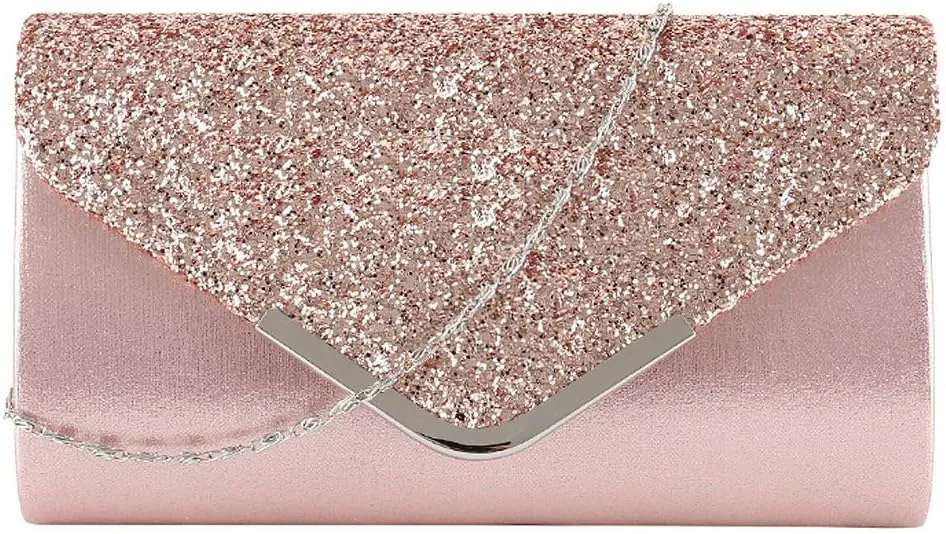 Sequins Flap Evening Purse Envelope Shaped Clutch Purse Chain Crossbody Shoulder Bag for Wedding Party Prom Ball Pink