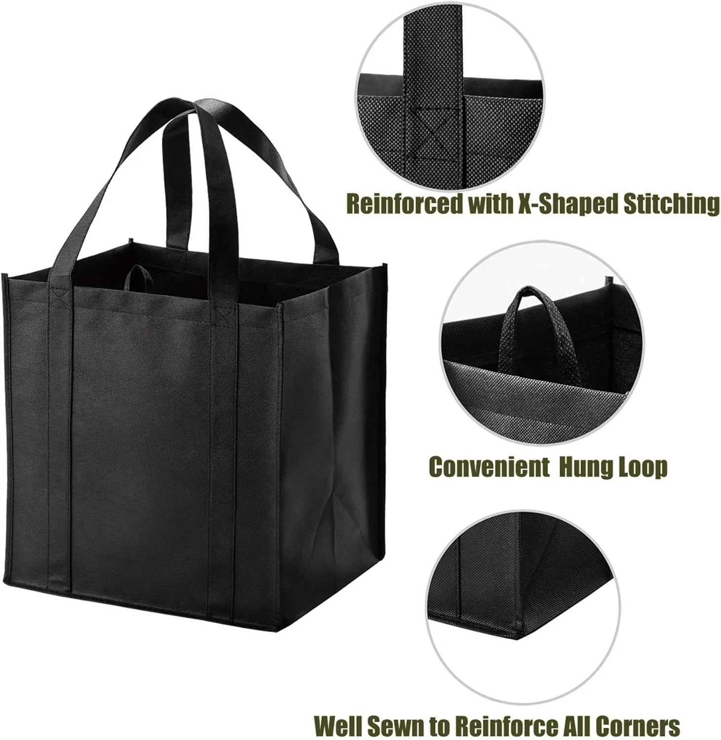 Set of 10 Reusable Grocery Bags Heavy Duty Shopping Bags Large Grocery Totes with Reinforced Bottom Super Sturdy Handles, Green