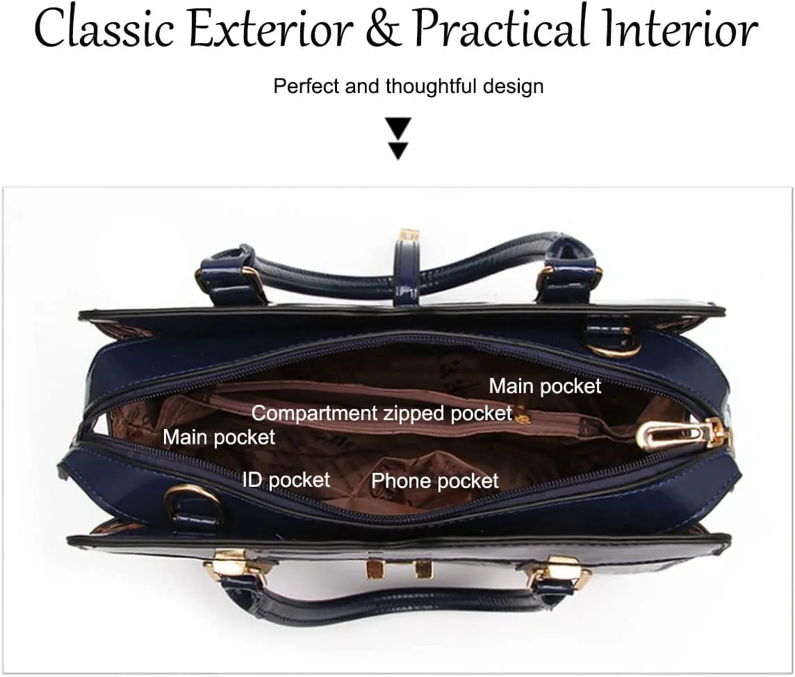 Shiny Patent Leather Handbag for Women Purse Crocodile Pattern Top-Handle Satchel Ladies Shoulder Bag Tote