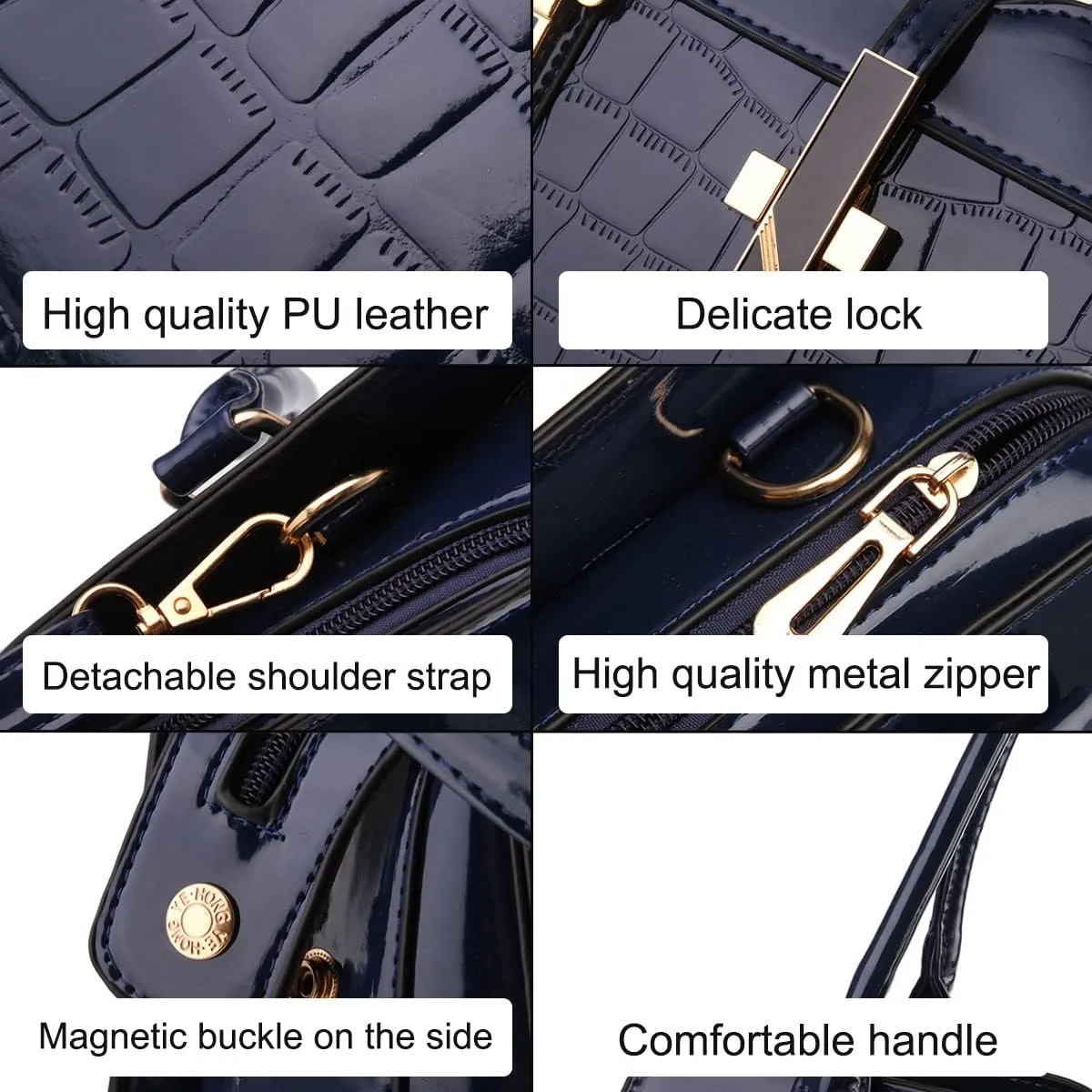Shiny Patent Leather Handbag for Women Purse Crocodile Pattern Top-Handle Satchel Ladies Shoulder Bag Tote