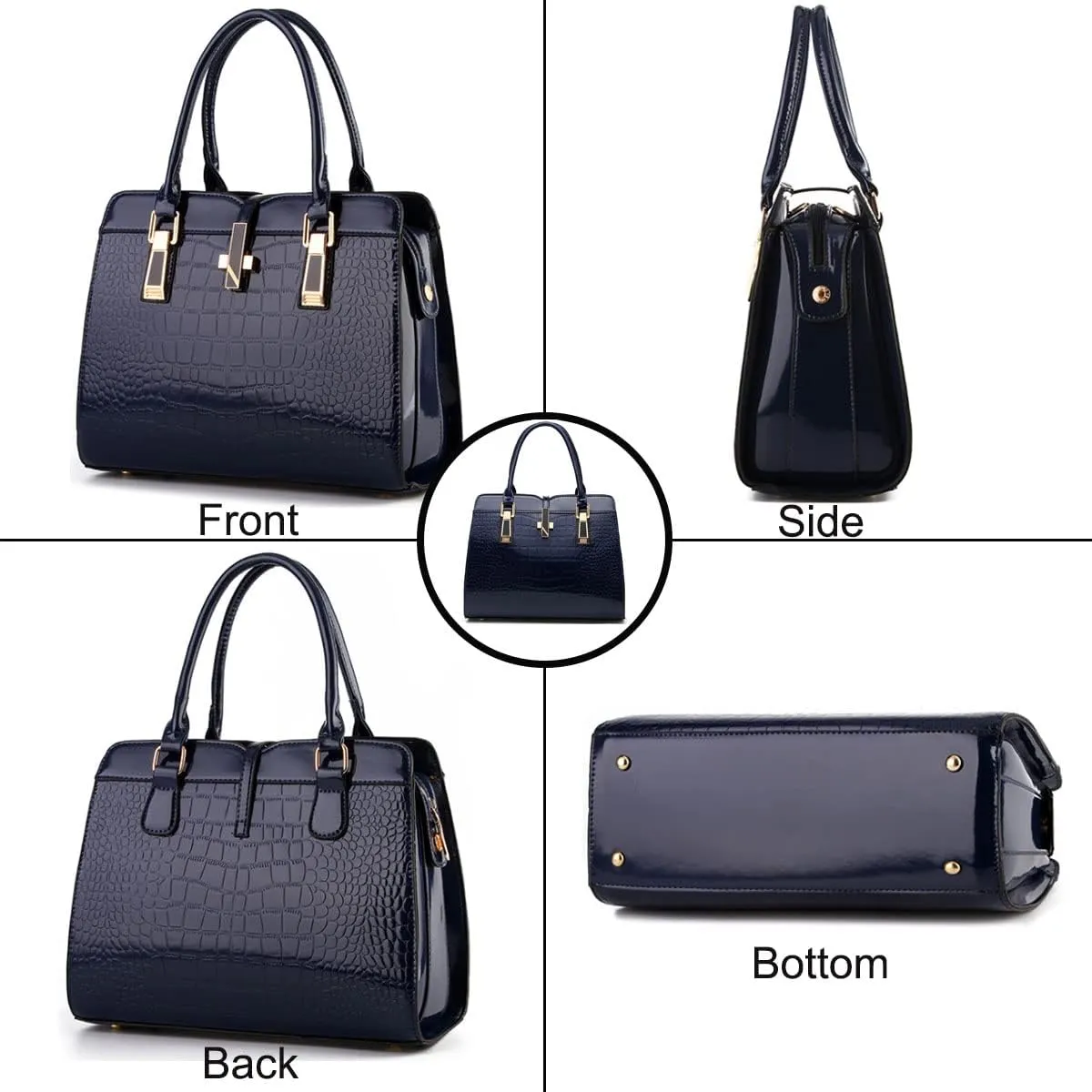 Shiny Patent Leather Handbag for Women Purse Crocodile Pattern Top-Handle Satchel Ladies Shoulder Bag Tote