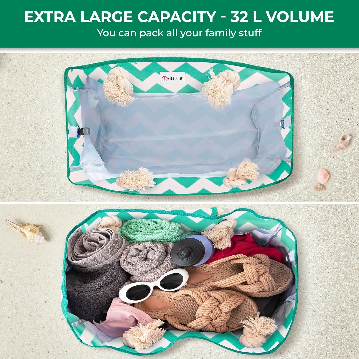 SHYLERO Beach Bag and Pool Bag Has Airtight Pouch, Magnetic Snap Closure. Beach Tote is Water Resistant. Family Size