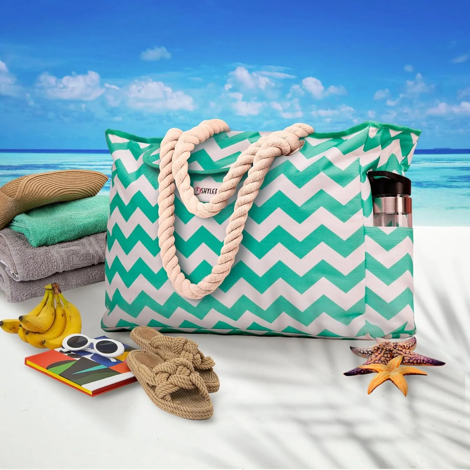 SHYLERO Beach Bag and Pool Bag Has Airtight Pouch, Magnetic Snap Closure. Beach Tote is Water Resistant. Family Size