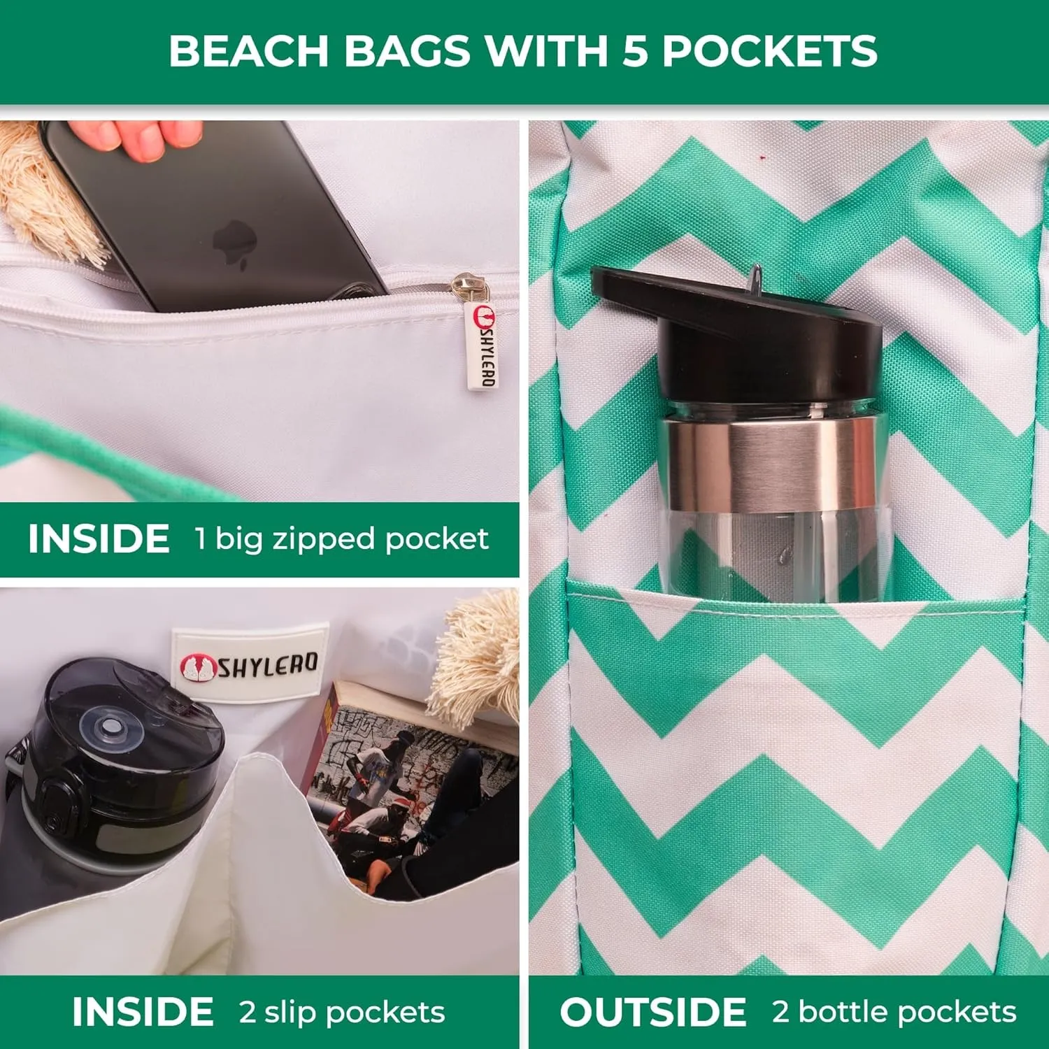 SHYLERO Beach Bag and Pool Bag Has Airtight Pouch, Magnetic Snap Closure. Beach Tote is Water Resistant. Family Size