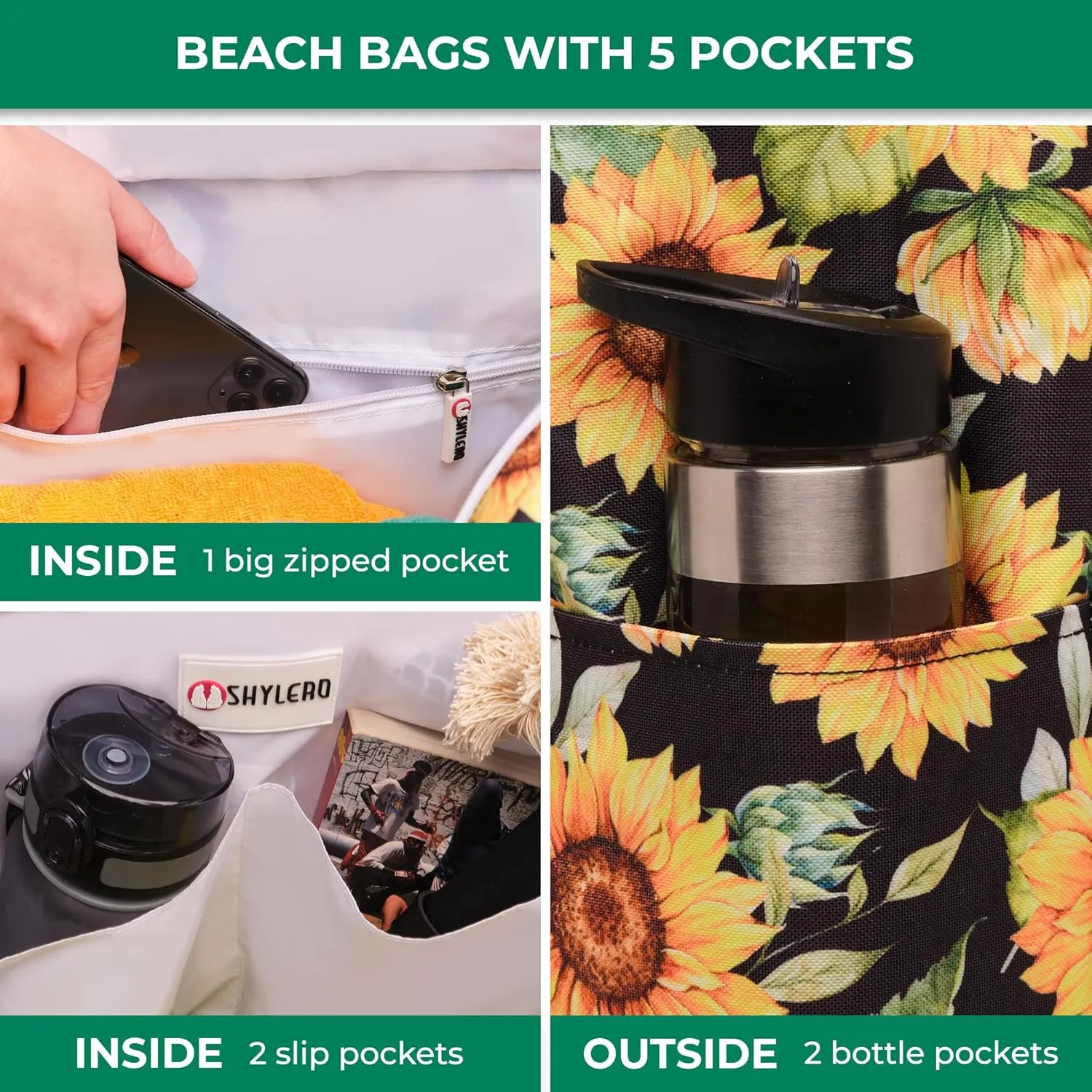 SHYLERO Beach Bag and Pool Bag. Has Airtight Pouch, Ton of Pockets. Beach Tote is Zippered, Water Resistant. Family Size