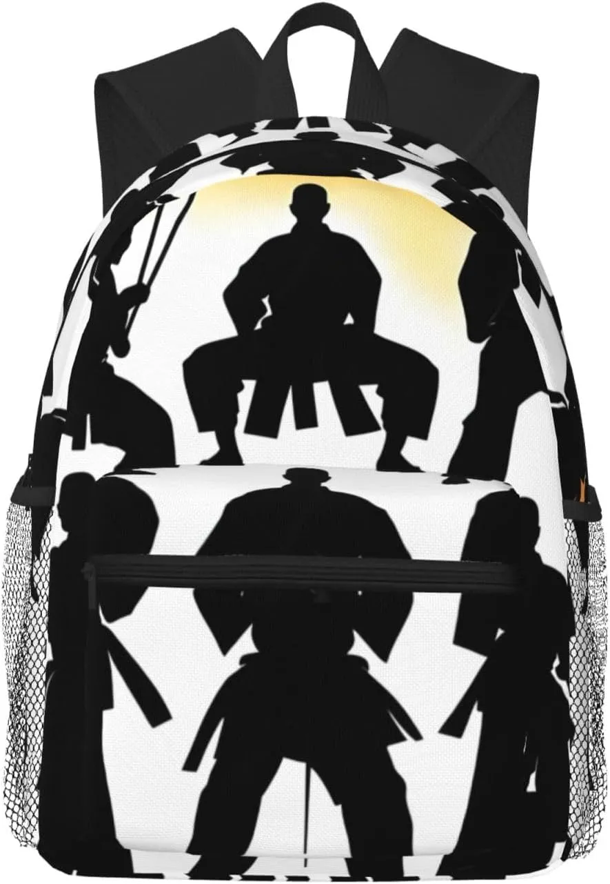 Silhouettes of Martial Print Adults Casual Travel Zipper Bookbag Polyester Travel Daypack Bag Multiple Pockets