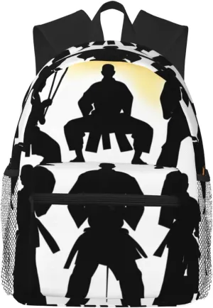 Silhouettes of Martial Print Adults Casual Travel Zipper Bookbag Polyester Travel Daypack Bag Multiple Pockets