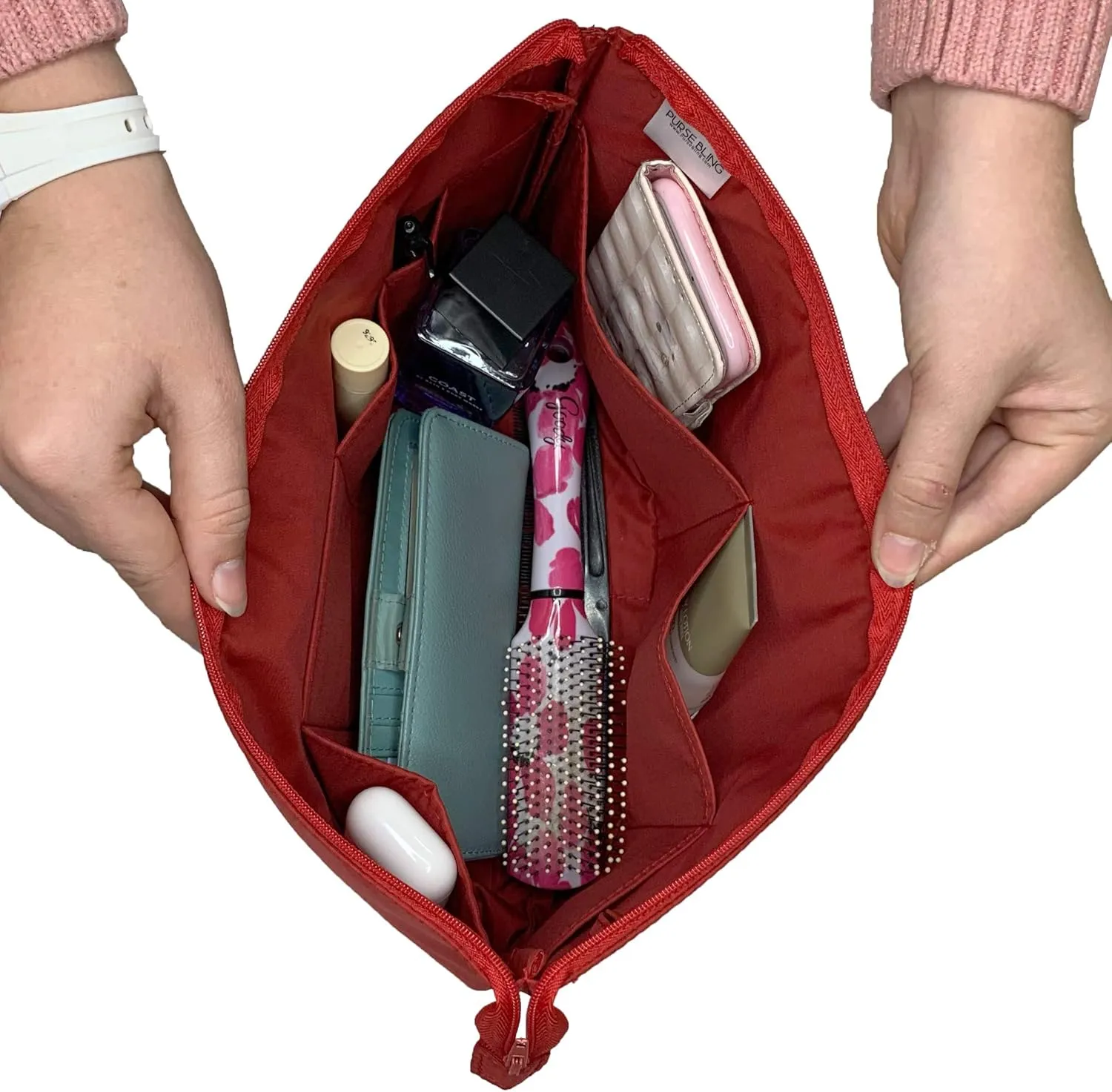 Slim Purse Organizer Insert with Zipper For Handbags and Totes, Purse To Go Style Shaper For Speedy, Neverfull, Graceful, & Delightful Totes (Extra Jumbo, Red)