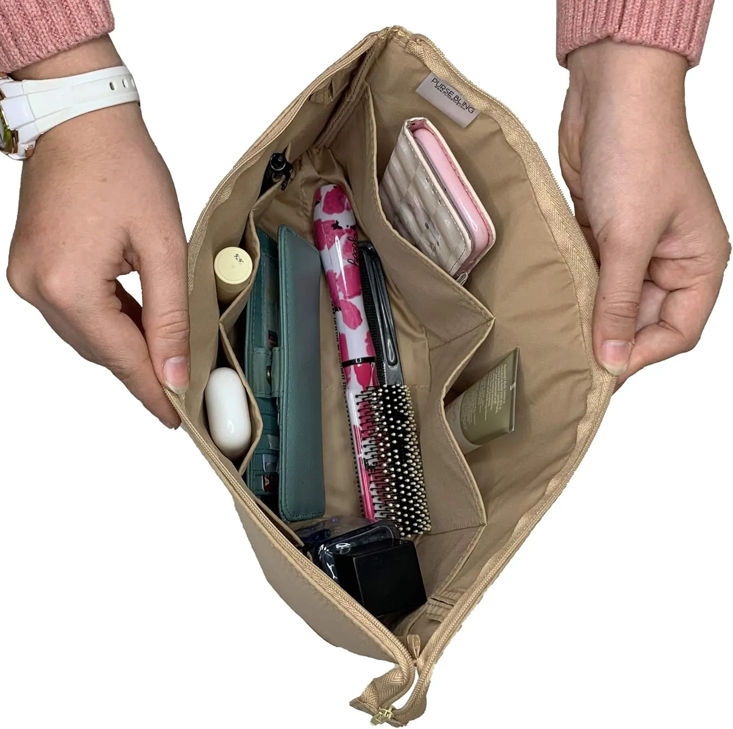 Slim Purse Organizer Insert with Zipper For Handbags and Totes, Purse To Go Style Shaper For Speedy, Neverfull, Graceful, & Delightful Totes (Extra Jumbo, Tan)