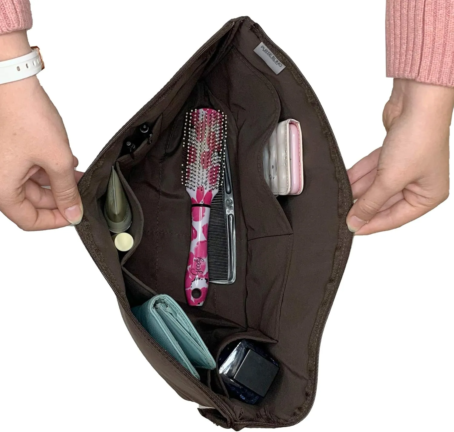 Slim Purse Organizer Insert with Zipper For Handbags and Totes, Purse To Go Style Shaper For Speedy, Neverfull, Graceful, & Delightful Totes (Jumbo, Brown)