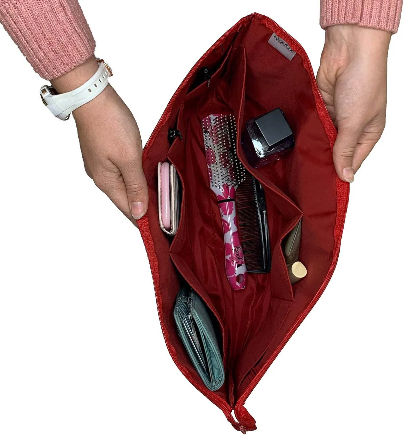 Slim Purse Organizer Insert with Zipper For Handbags and Totes, Purse To Go Style Shaper For Speedy, Neverfull, Graceful, & Delightful Totes (Red, Large)