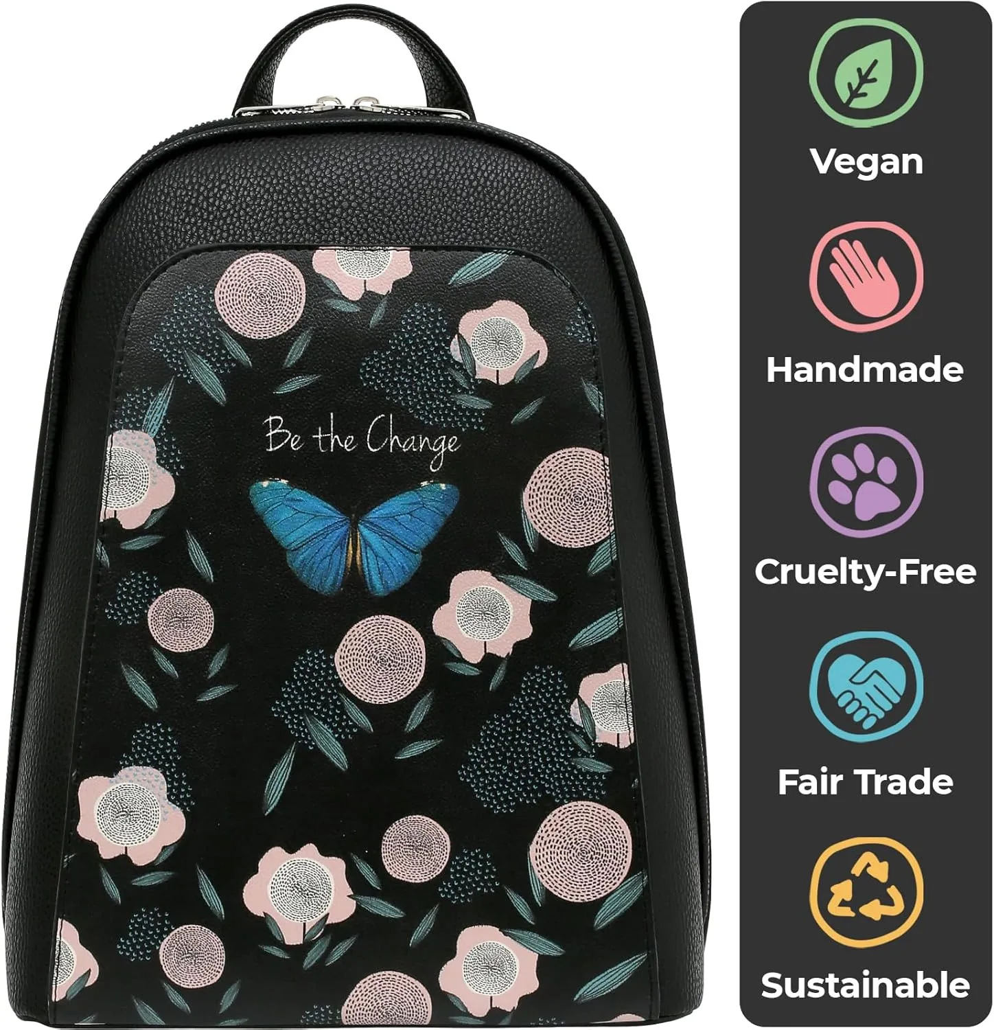Small Backpack for Women - Vegan Leather and Unique Design Handmade Backpack Purse for Women, Be The Change Design