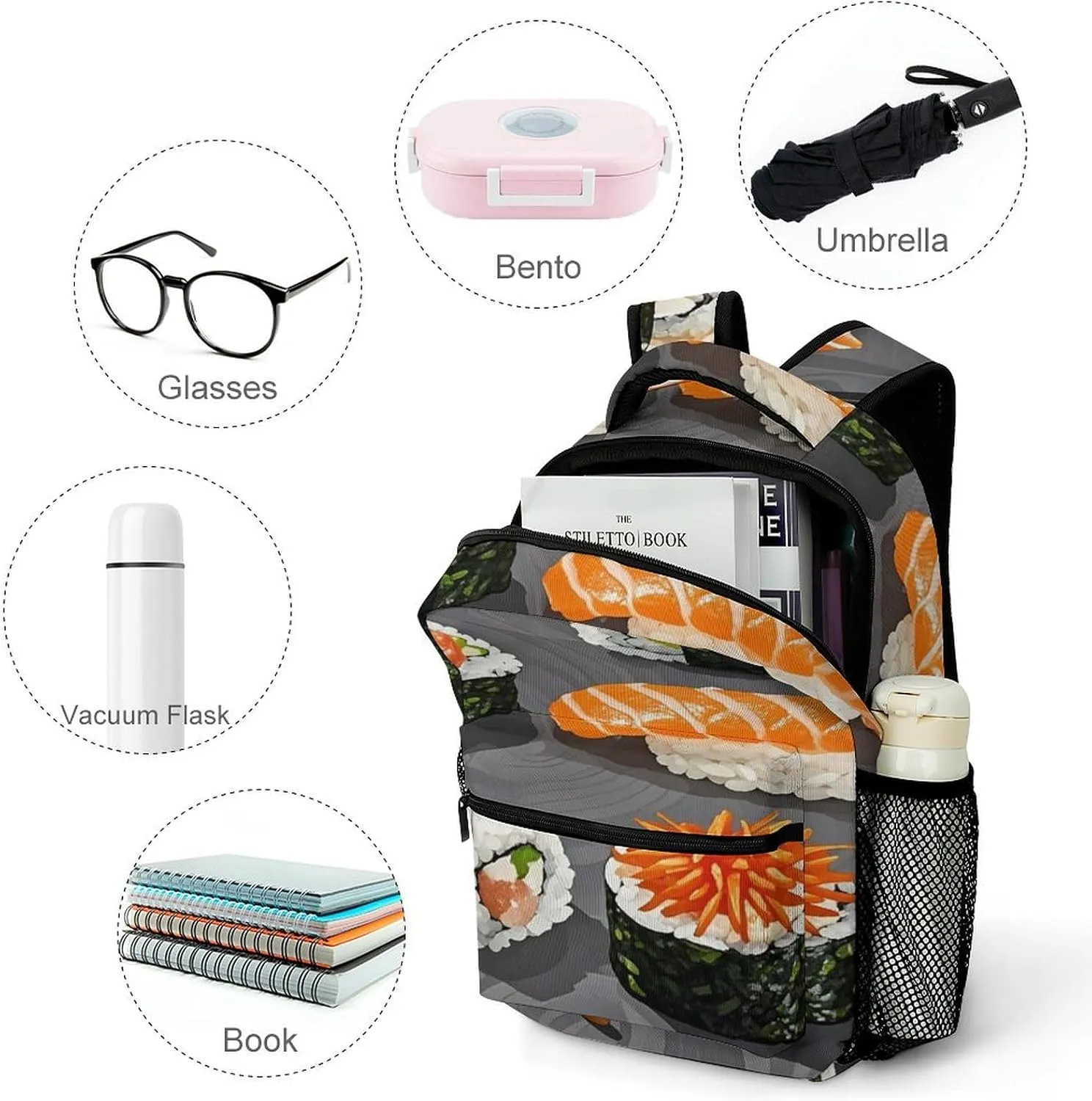 Small Backpacks Personalized Japanese Food Printing Travel Bag Lightweight Travel Backpack For Women Men