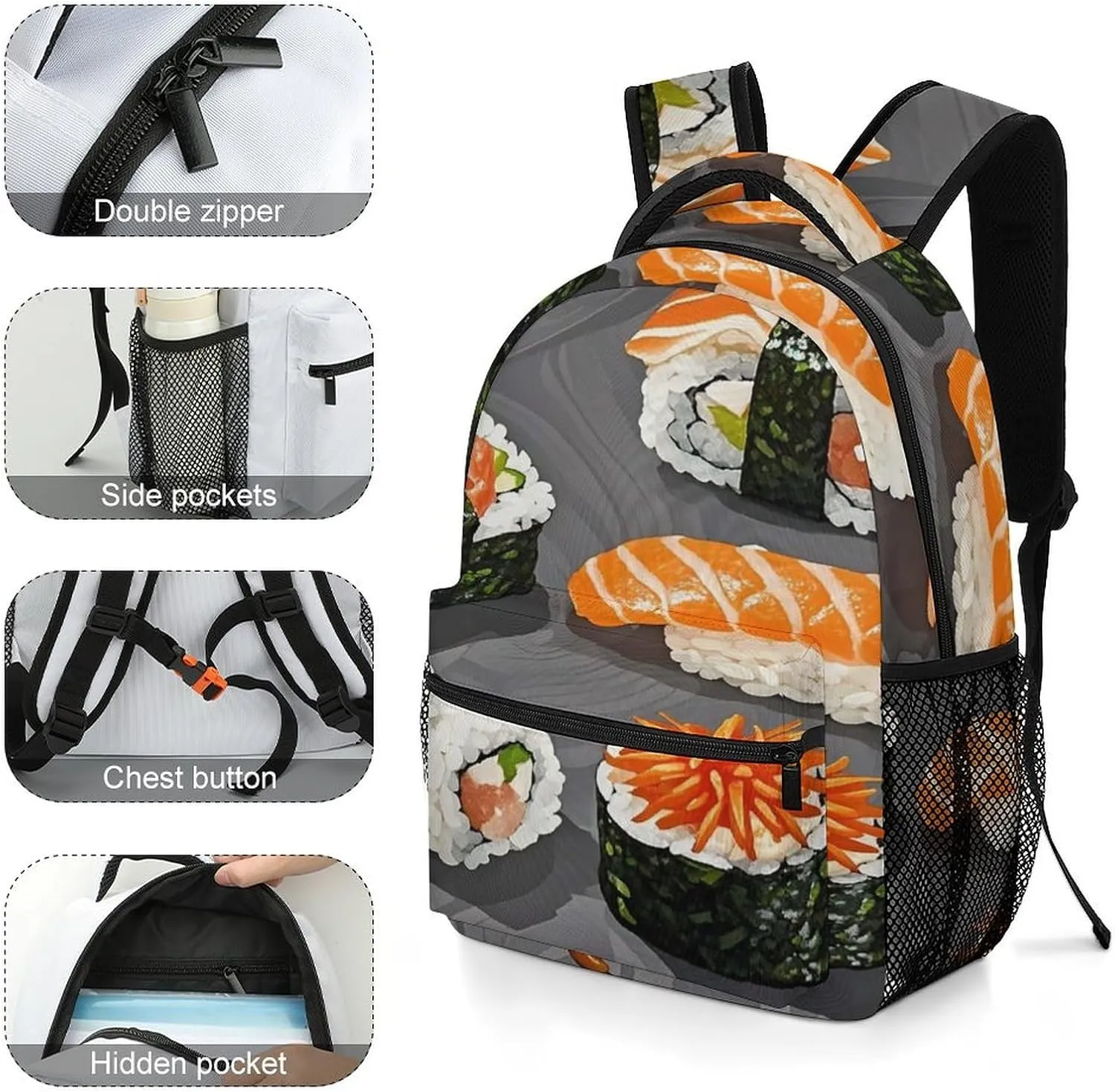 Small Backpacks Personalized Japanese Food Printing Travel Bag Lightweight Travel Backpack For Women Men