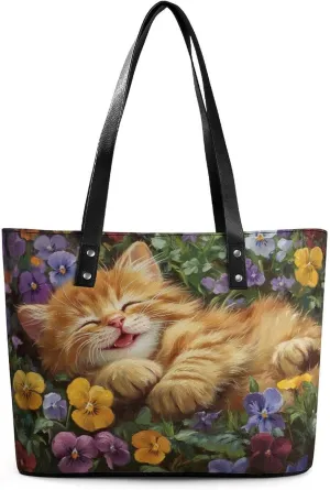 Smiling Kitten Lies in The Flower Bed Women Soft Leather Handbags Tote Purses Shoulder Bucket Bags