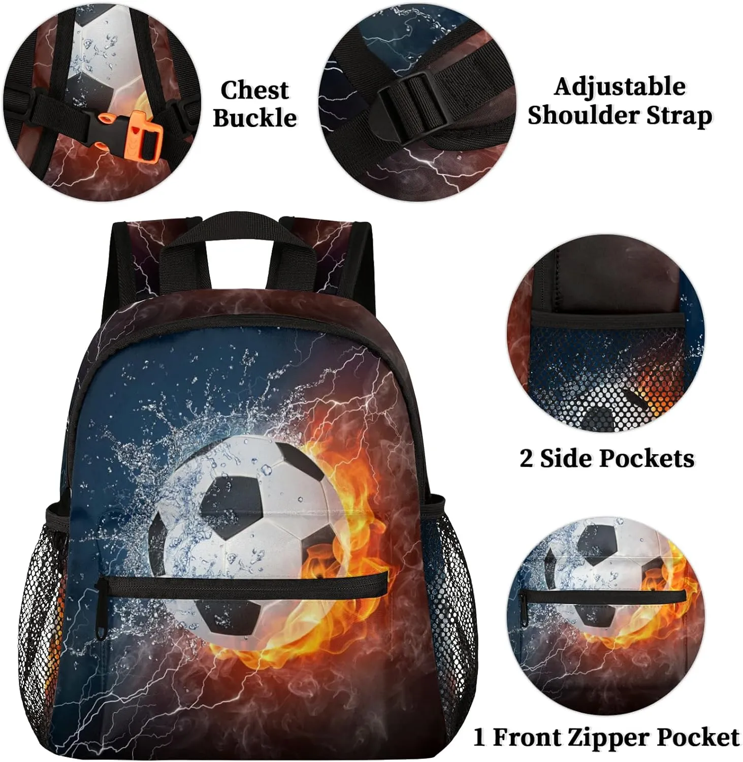 Soccer Fire Water Toddler Backpack for Little Boys Small Bookbags Backpack Preschool Kindergarten Backpack Lightweight Waterproof Mini Travel Student Bookbag