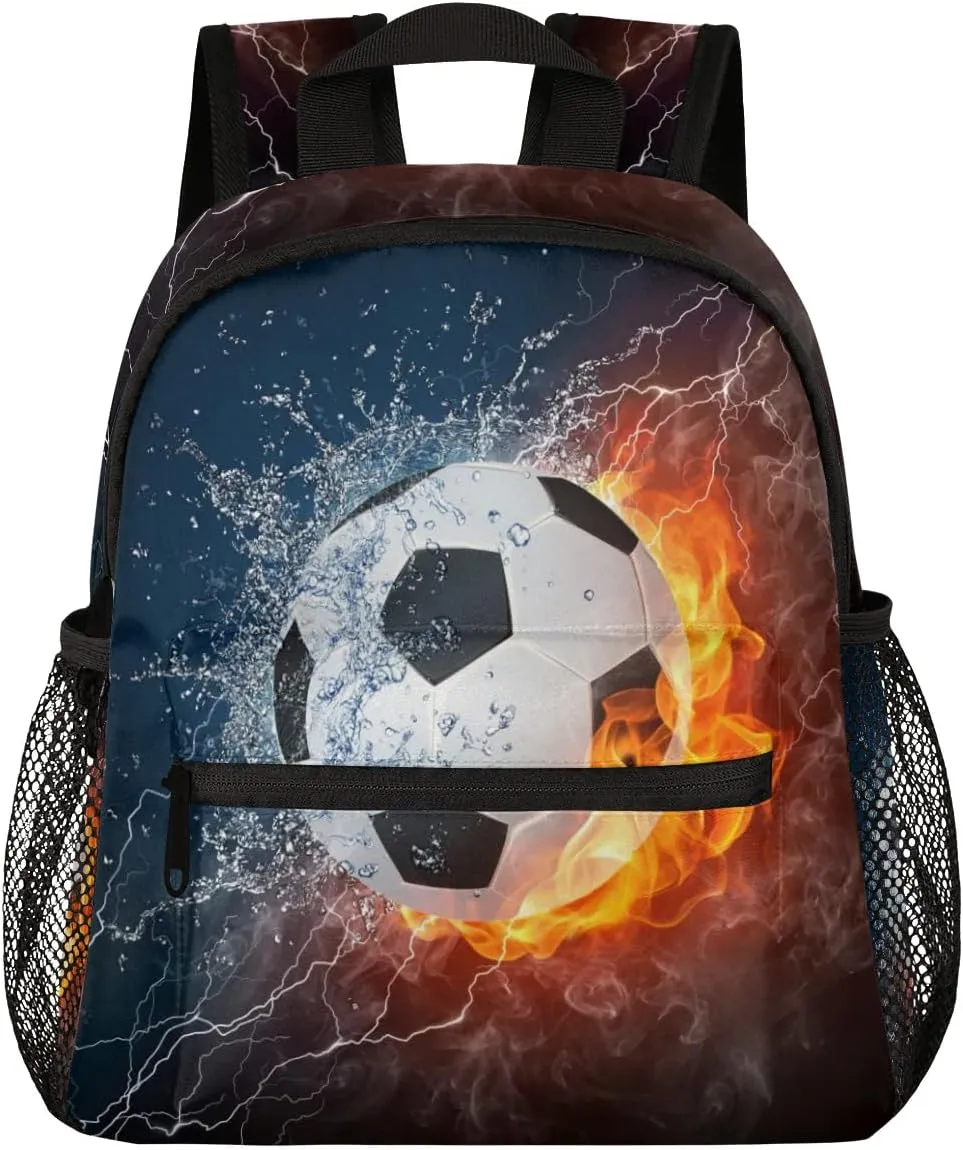 Soccer Fire Water Toddler Backpack for Little Boys Small Bookbags Backpack Preschool Kindergarten Backpack Lightweight Waterproof Mini Travel Student Bookbag