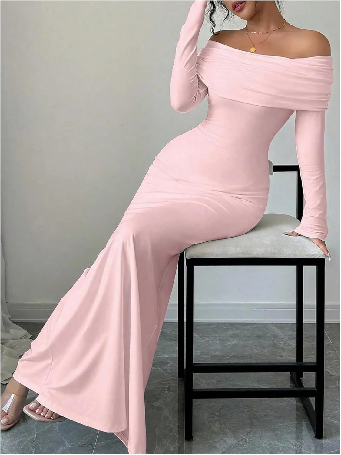 SOLY HUX Women's Long Sleeve Off The Shoulder Bodycon Dress Elegant Maxi Dress Cocktail Prom Dresses