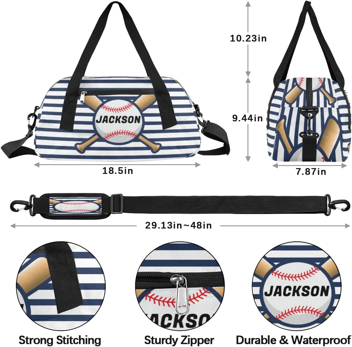 Sport Baseball Custom Name Kids Overnight Duffel Bags Boys Blue Stripe Personalized Sport Gym Bag Customized Duffel Bag for Travel Weekender Practice Gymnastics