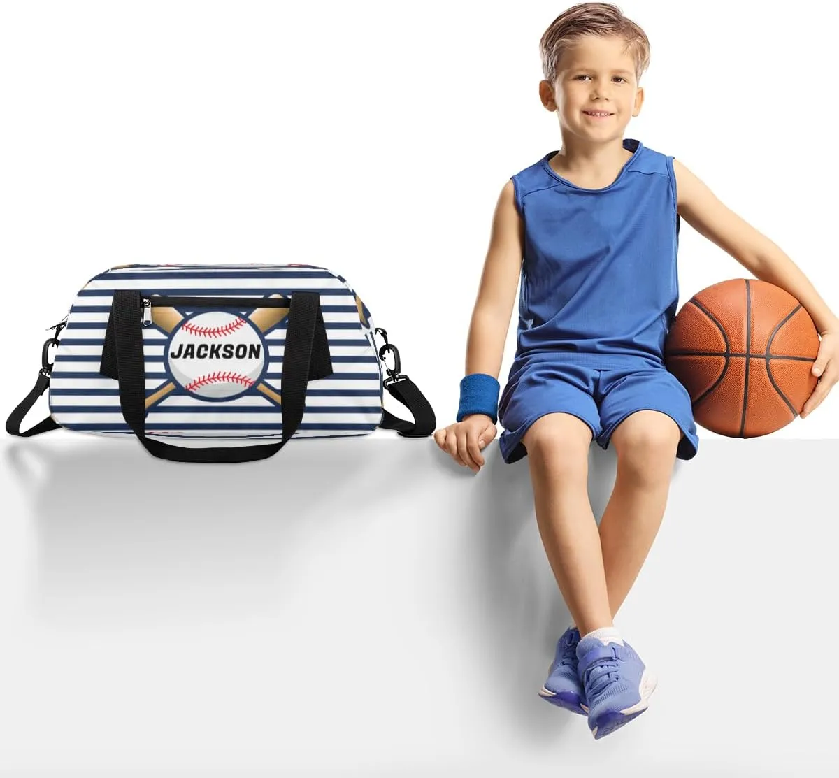 Sport Baseball Custom Name Kids Overnight Duffel Bags Boys Blue Stripe Personalized Sport Gym Bag Customized Duffel Bag for Travel Weekender Practice Gymnastics