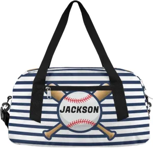 Sport Baseball Custom Name Kids Overnight Duffel Bags Boys Blue Stripe Personalized Sport Gym Bag Customized Duffel Bag for Travel Weekender Practice Gymnastics