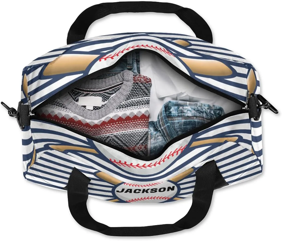 Sport Baseball Custom Name Kids Overnight Duffel Bags Boys Blue Stripe Personalized Sport Gym Bag Customized Duffel Bag for Travel Weekender Practice Gymnastics