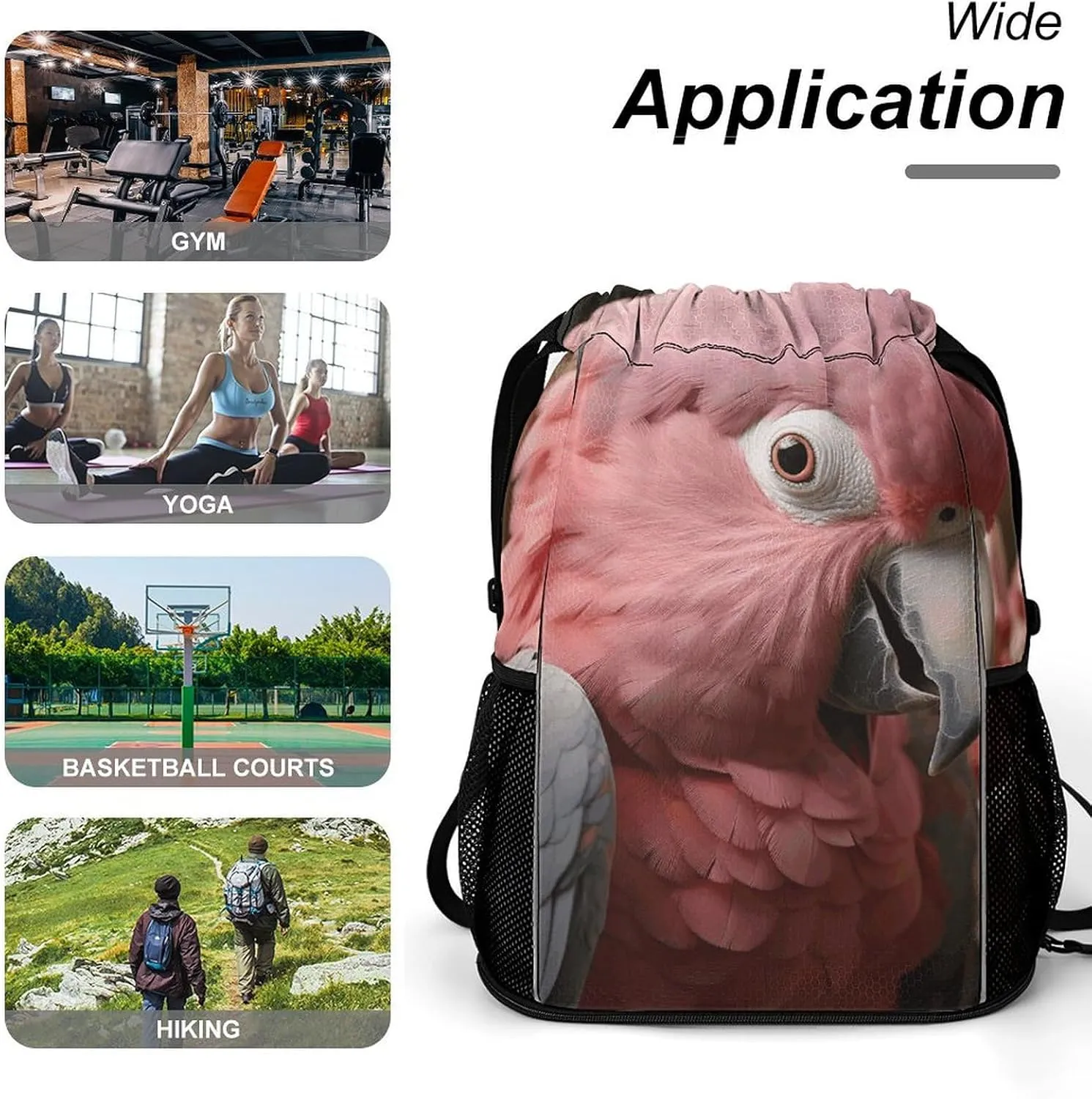 Sports Drawstring Backpack Lightweight Small Gym Bag Grey Rose-Breasted Cockatoo Gym Sackpack for Women Men