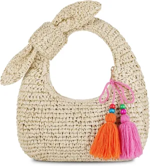 Straw Handbags Small Tote Purse Bow Knotted Straw Clutch with Tassels for Summer Beach Travel