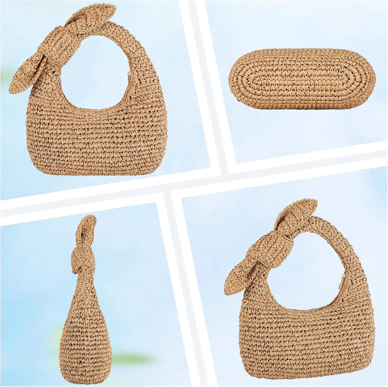 Straw Handbags Small Tote Purse Bow Knotted Straw Clutch with Tassels for Summer Beach Travel