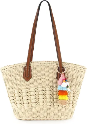 Straw Handbags with Tassel Hat Clip for Travel, Handmade Summer Raffia Totes, Hobo Shoulder Bag Purse for Women