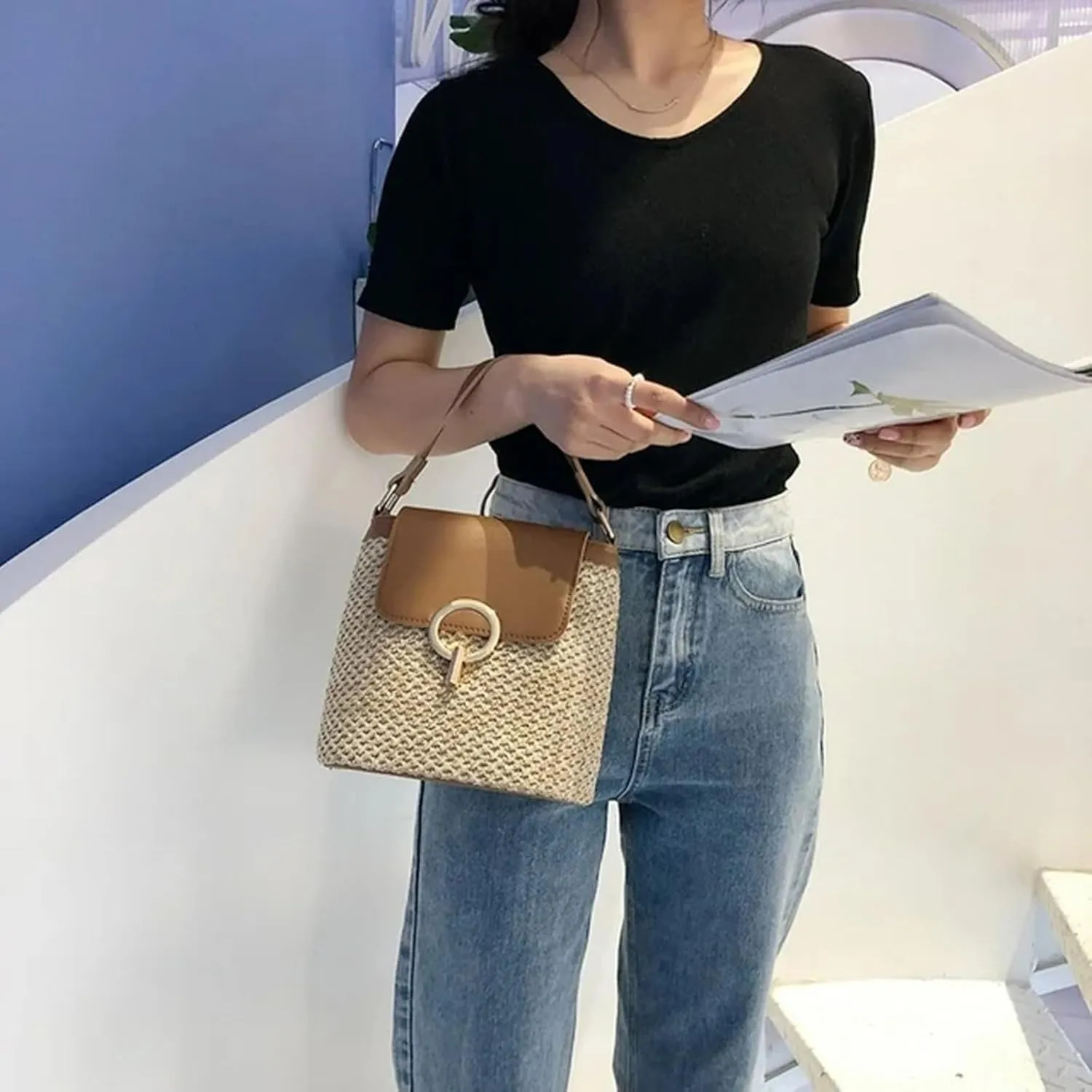 Straw Weave Women Ladies Bucket Handbags Summer Beach Shoulder Bags Messenger Bag Backpack Leather (D, One Size)