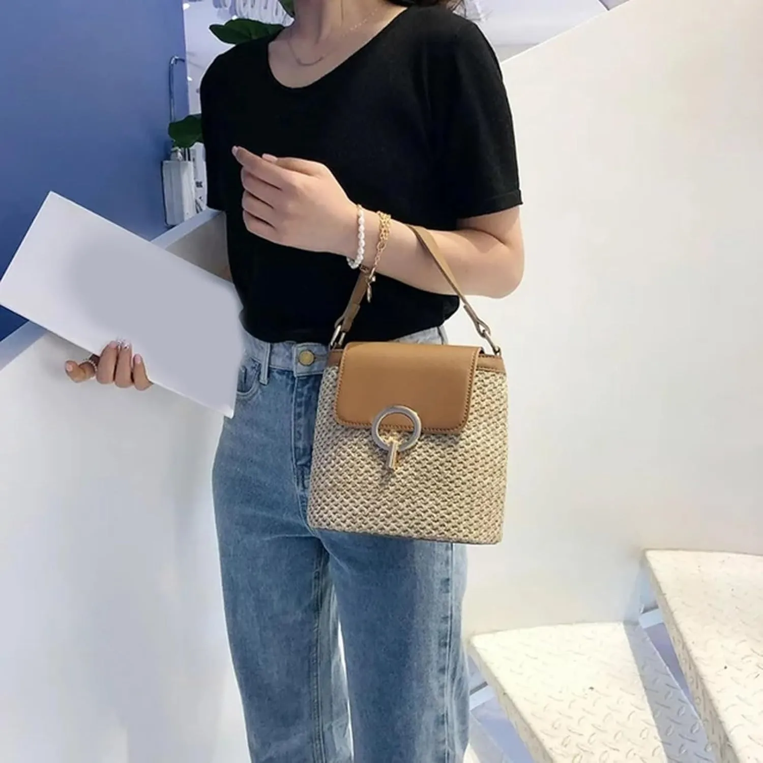 Straw Weave Women Ladies Bucket Handbags Summer Beach Shoulder Bags Messenger Bag Backpack Leather (D, One Size)