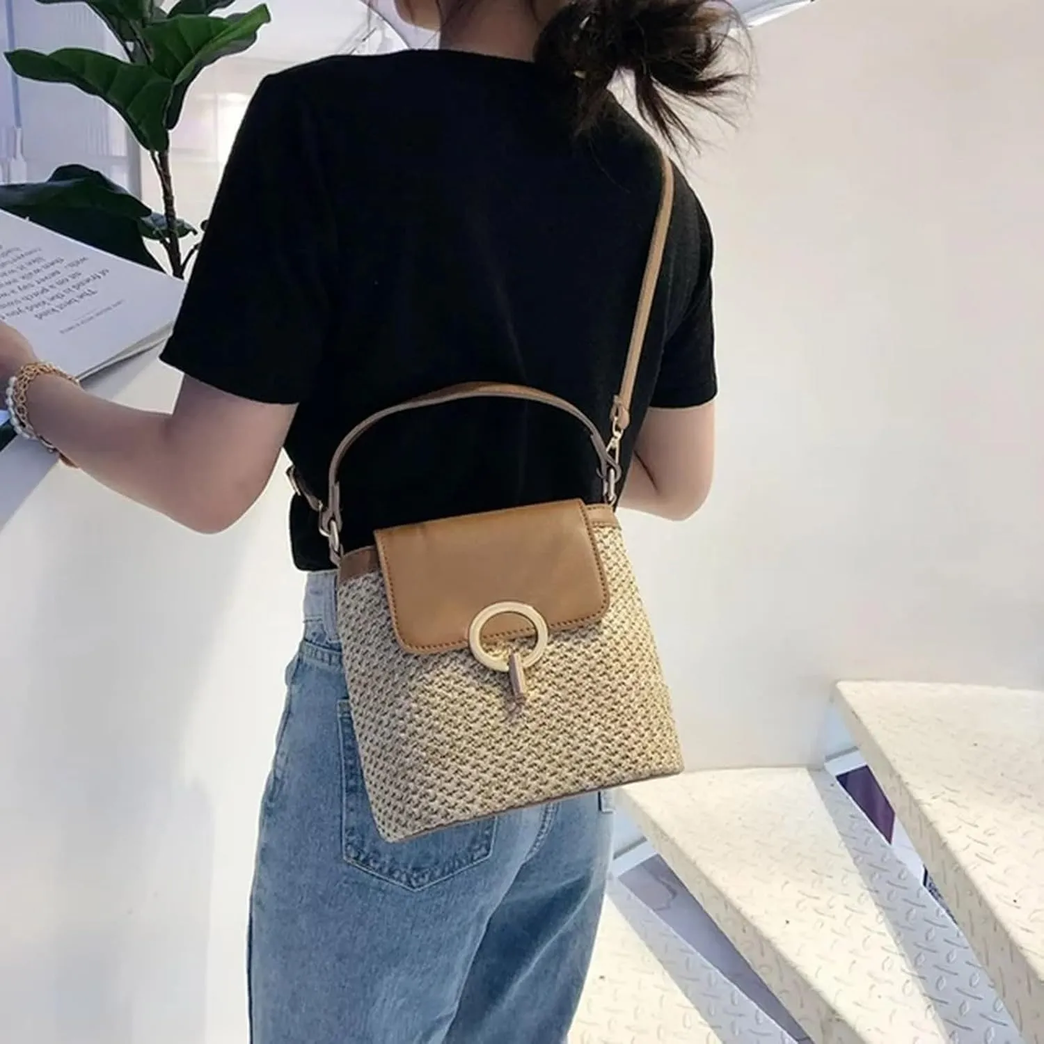 Straw Weave Women Ladies Bucket Handbags Summer Beach Shoulder Bags Messenger Bag Backpack Leather (D, One Size)