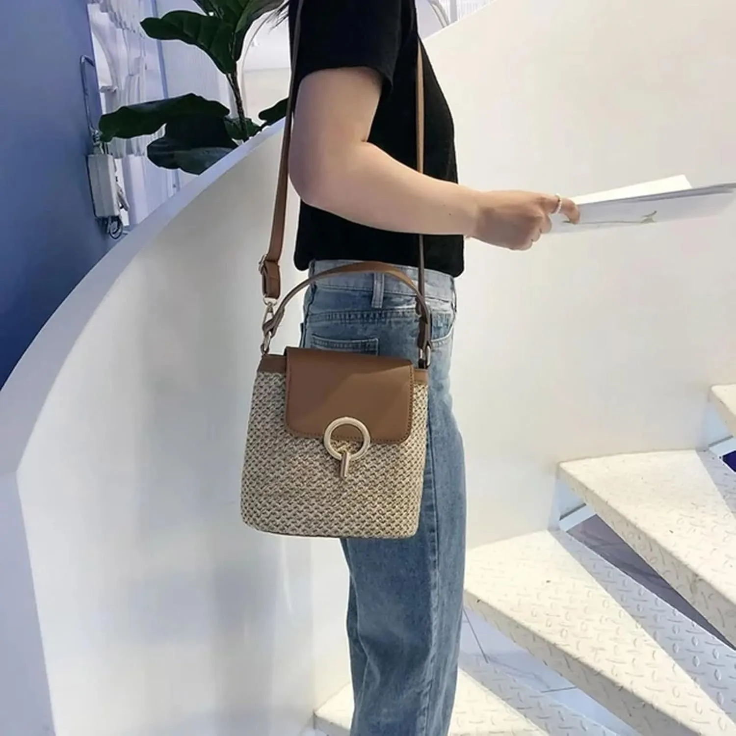 Straw Weave Women Ladies Bucket Handbags Summer Beach Shoulder Bags Messenger Bag Backpack Leather (D, One Size)