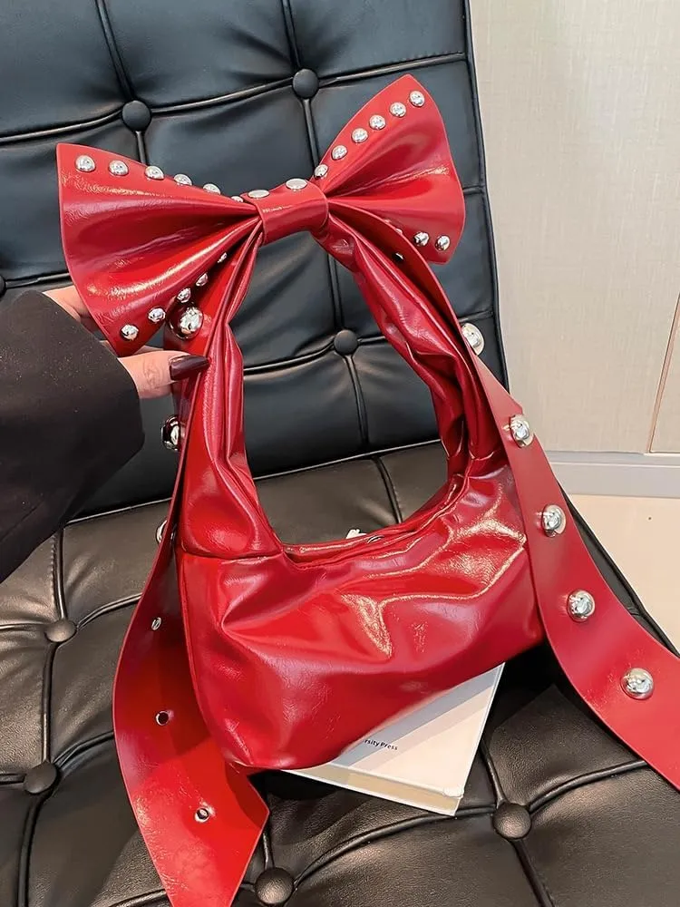 Studded Leather Shoulder Purses for Women Punk Rock 2000s Y2k Bow Purse Handbags Trendy Purse 2025