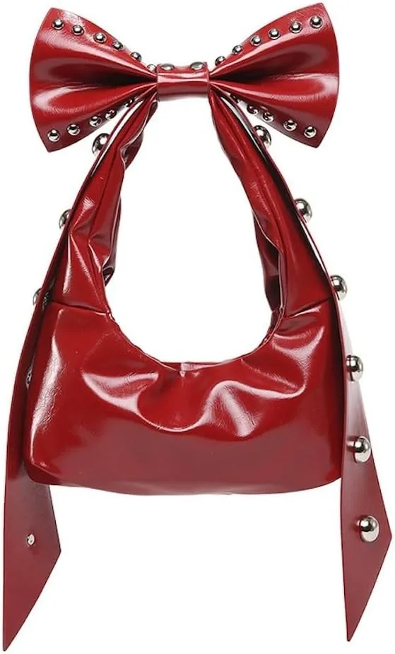 Studded Leather Shoulder Purses for Women Punk Rock 2000s Y2k Bow Purse Handbags Trendy Purse 2025