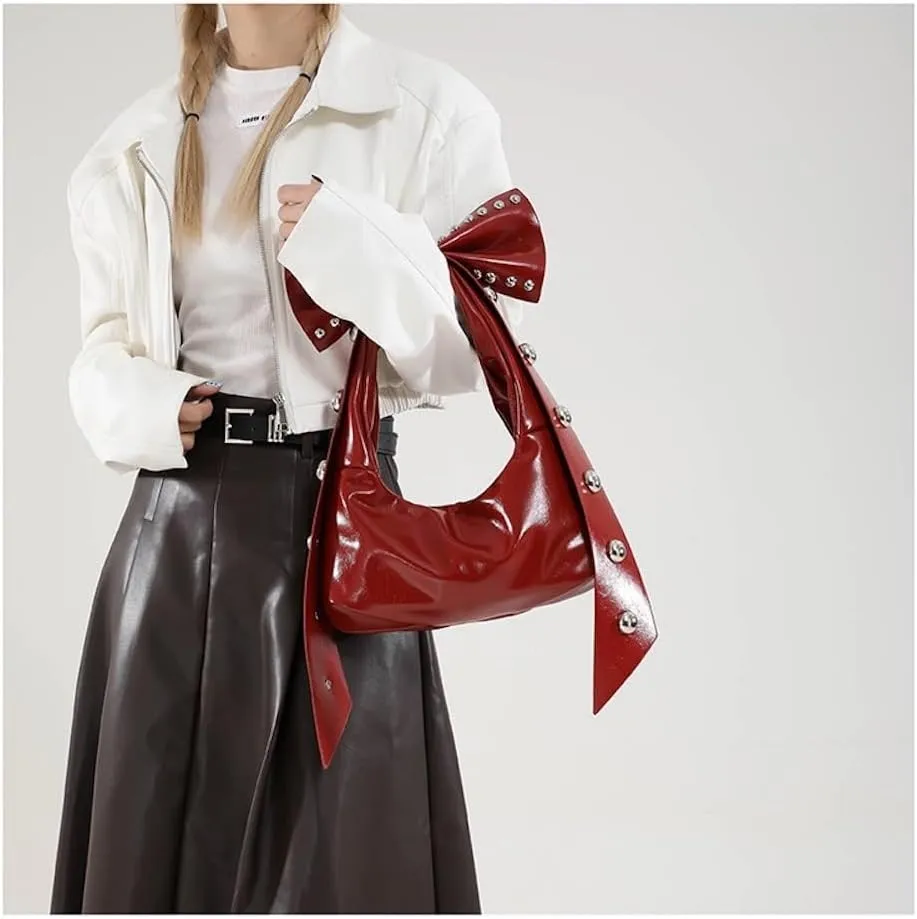 Studded Leather Shoulder Purses for Women Punk Rock 2000s Y2k Bow Purse Handbags Trendy Purse 2025