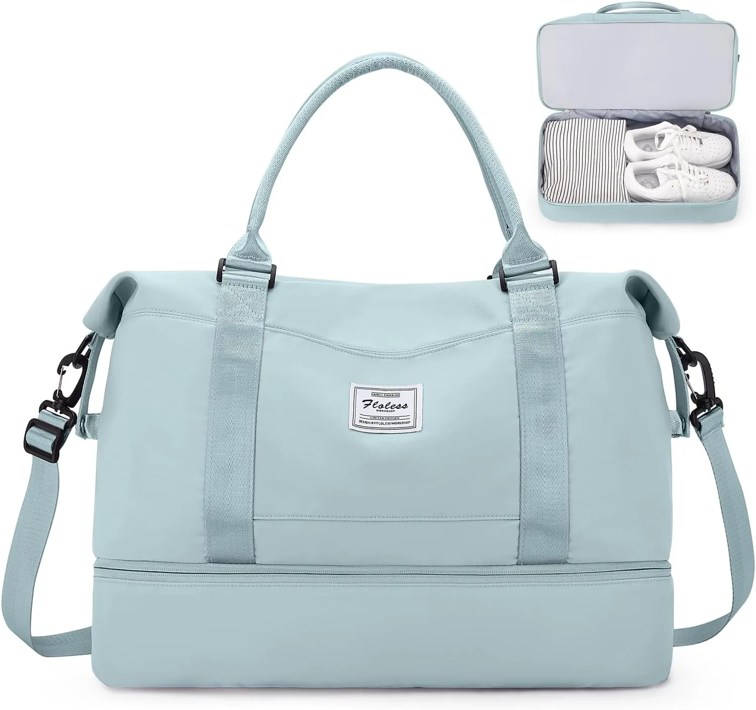 SYCNB Weekender Bags for Women, Personal Item Travel Bag with Shoes Compartment, Overnight Travel Duffel Bag with Wet Pocket & Trolley Sleeve,Gym Bag,Light Blue