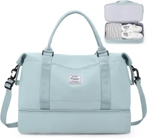 SYCNB Weekender Bags for Women, Personal Item Travel Bag with Shoes Compartment, Overnight Travel Duffel Bag with Wet Pocket & Trolley Sleeve,Gym Bag,Light Blue